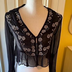 Free People Elegant Black Embroidered Sheer Top xs/s